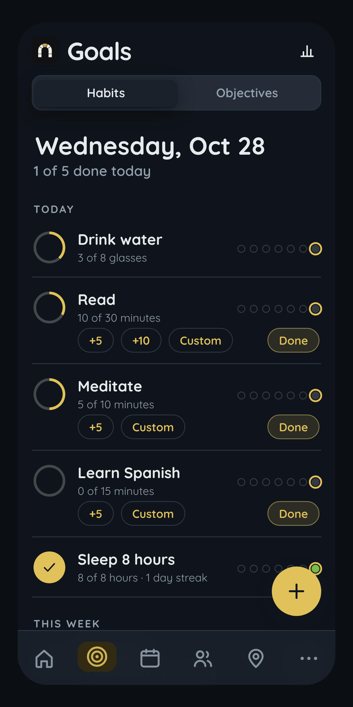 Goal setting page on app