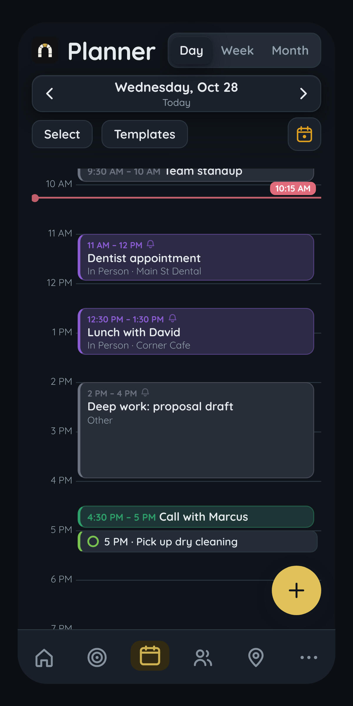 Calendar and scheduling page on app